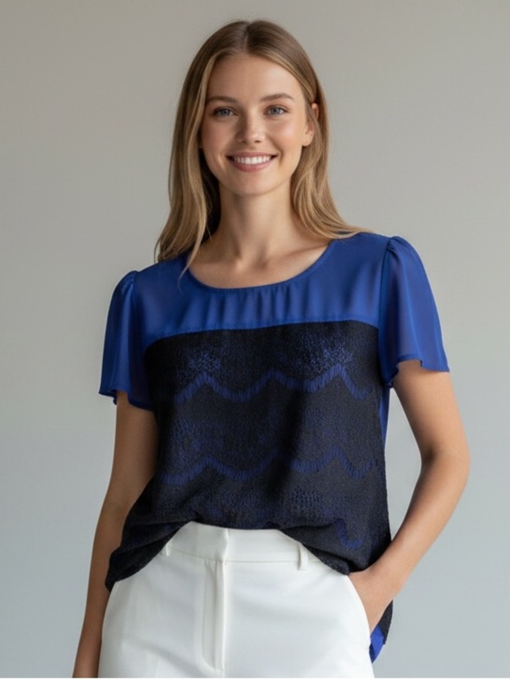 INC International Concepts Blue Black Lace Top